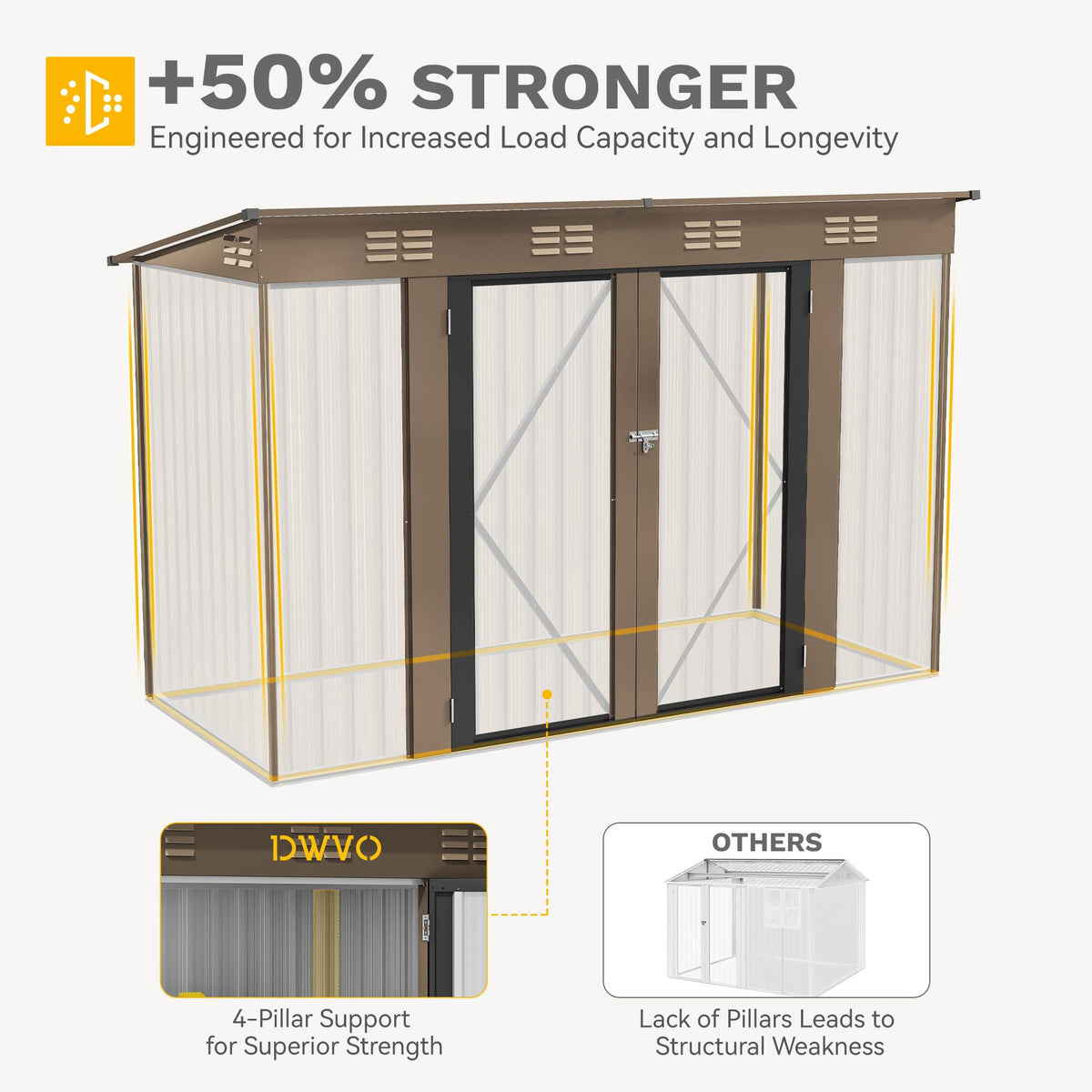 DWVO 9' x 4' Outdoor Storage Shed, Large Metal Tool Sheds, Heavy Duty Storage House with Lockable Doors & Air Vent for Backyard Patio Lawn to Store Bikes, Tools, Lawnmowers, Brown