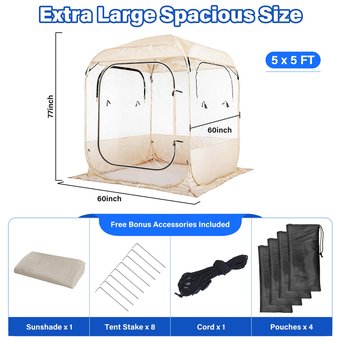 DIAMONDFORGE Pop Up Sports Tent 5x5 FT, Portable Waterproof Clear Tent with Removable Top Cover for 2-3 Person, Instant Setup, Spacious BubbleTent for Outside, Patio and Outdoor Activities, Beige
