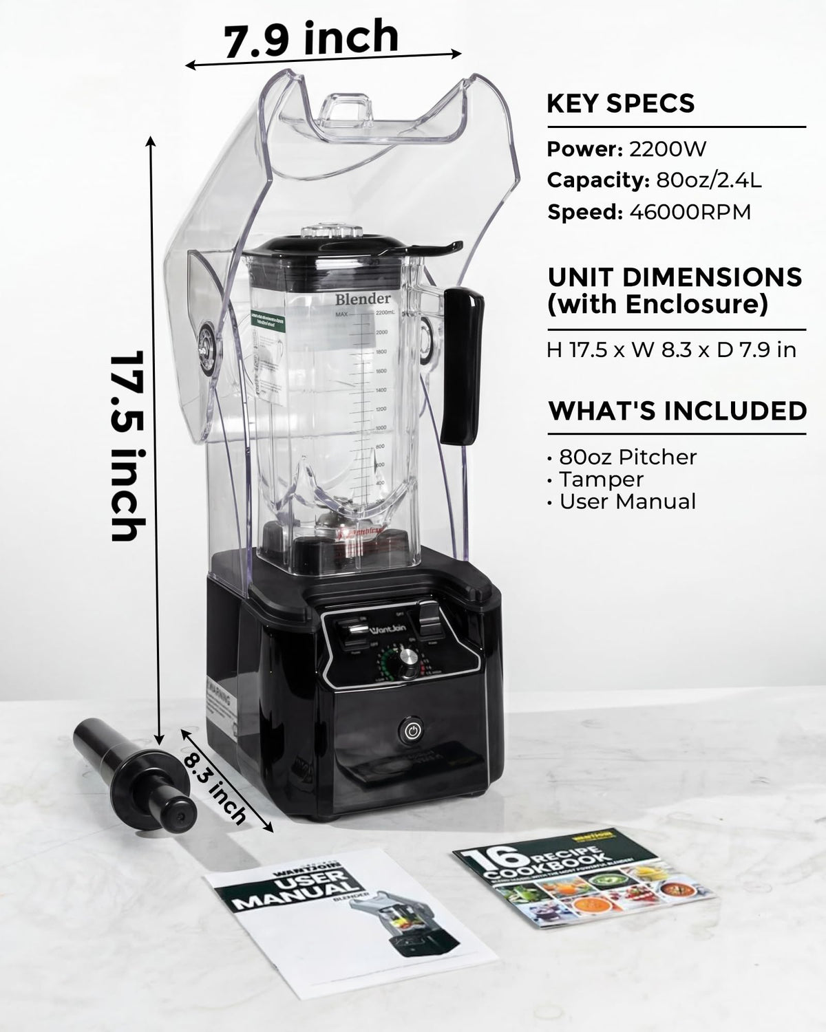 WantJoin Professional Commercial Blender With Shield Quiet Sound Enclosure 2200W Industries Strong and Quiet Professional-Grade Power, Self-Cleaning, Black