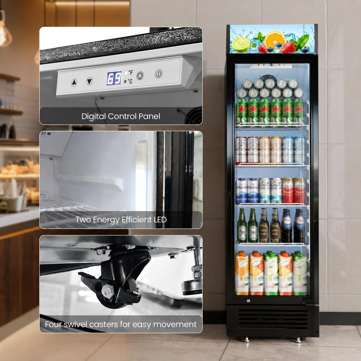 Kismile 9.1 Cu.Ft Large Commercial Refrigerator with Customizable Lightbox, Display Fridge with Wheels, Lock & Key, Double-Tempered Glass Beverage Refrigerator for Bar, Restaurant, Outdoor