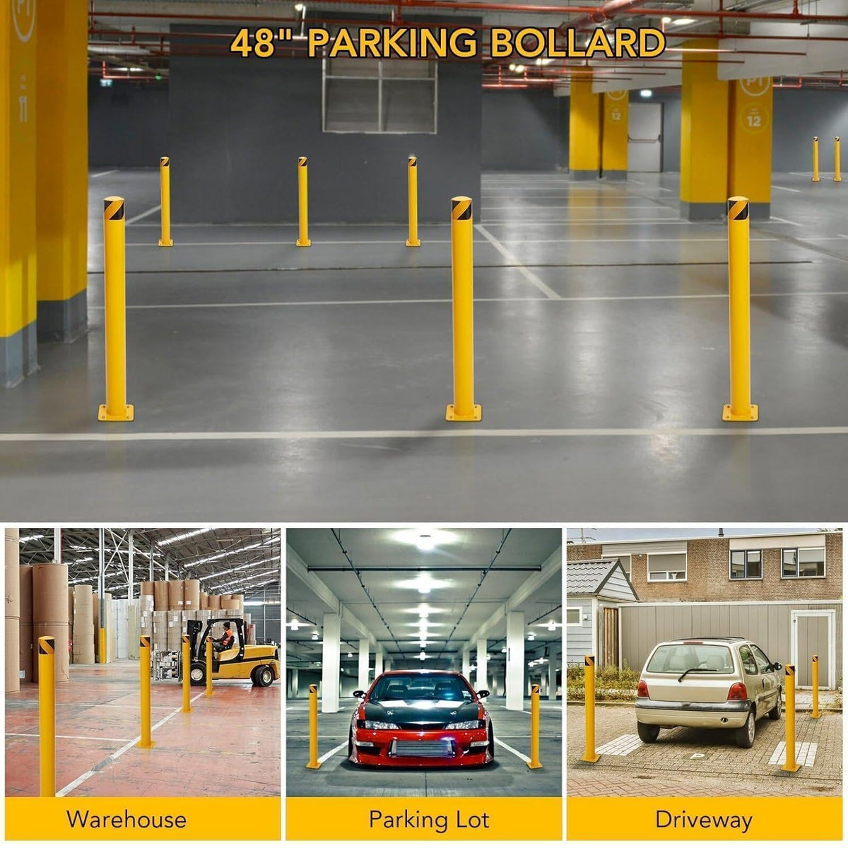 4 Packs 48 Inch Safety Bollard Post, 4.5 Inch Diameter Steel Pipe Bollard with 16 Anchor Bolts, Heavy Duty Yellow Steel Bollard for Parking Lot Security, Driveway Barrier, Warehouse Entrance
