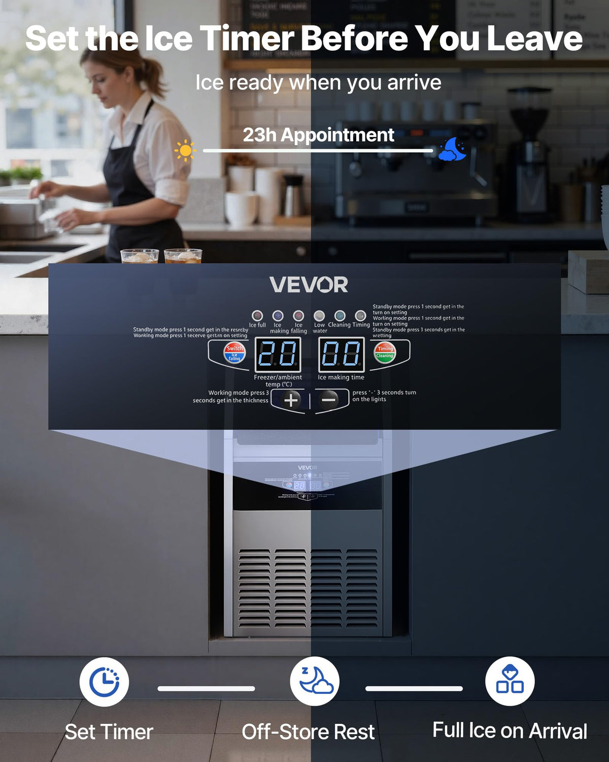 VEVOR Commercial Ice Maker Machine, 130 lbs/24h with 30 lbs Storage Capacity, Built-in/Freestanding/Under Counter, Stainless Steel Ice Maker with LED Display & Self-Cleaning, for Home Bar Restaurant