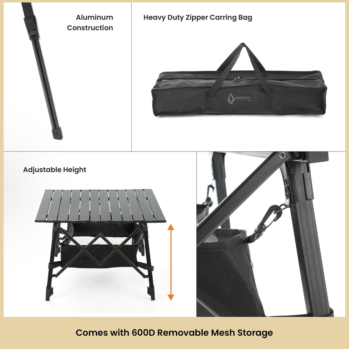 ARROWHEAD OUTDOOR 39" Aluminum Folding Camp Roll Up Table w/Adjustable Height, Undertable Mesh Storage, Carry Bag