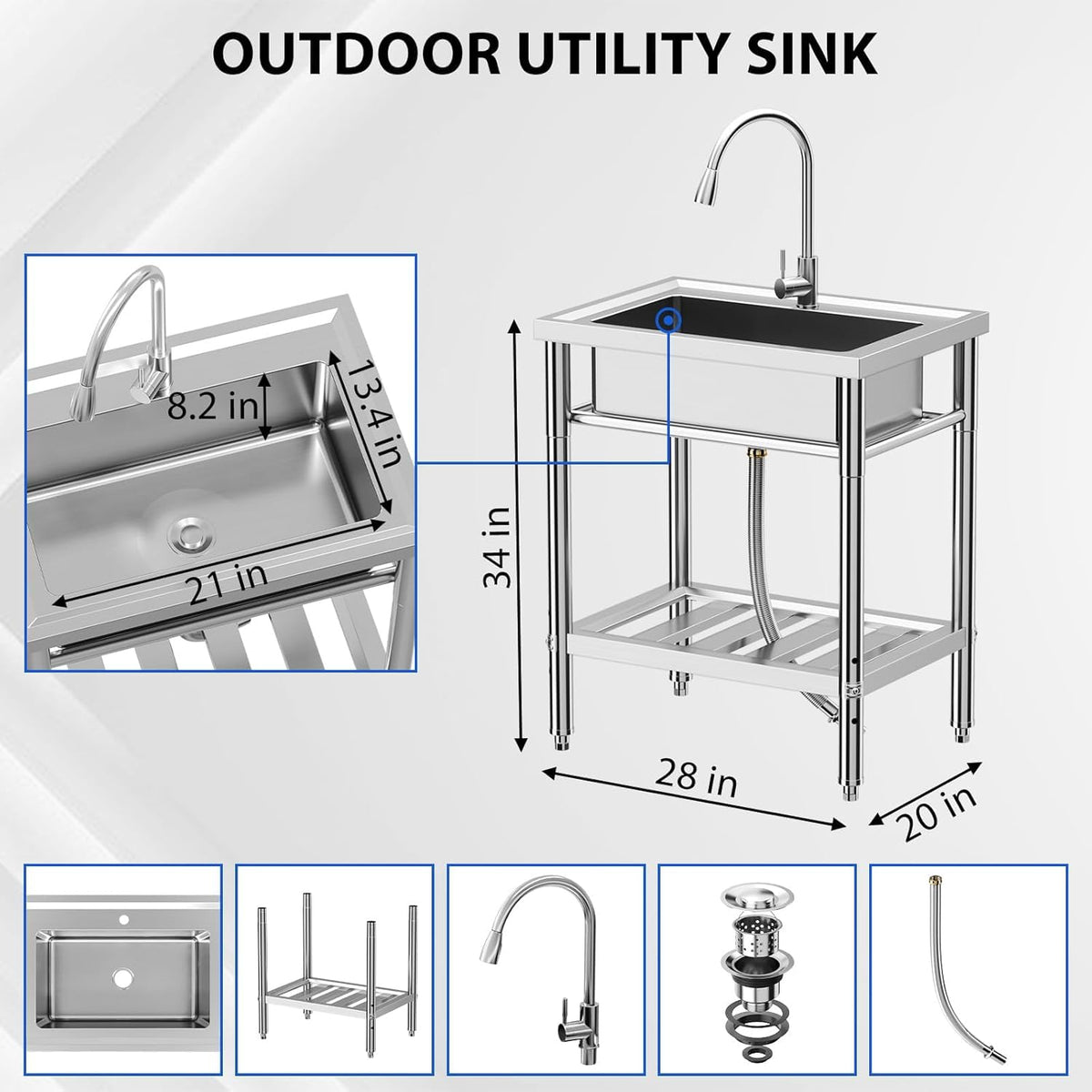 ExploreHorizon 28"x20"x34" Stainless Steel Utility Sink, Freestanding Single Bowl with Hot & Cold Water Faucet, Commercial Kitchen Laundry Bathroom Garage Garden Sink