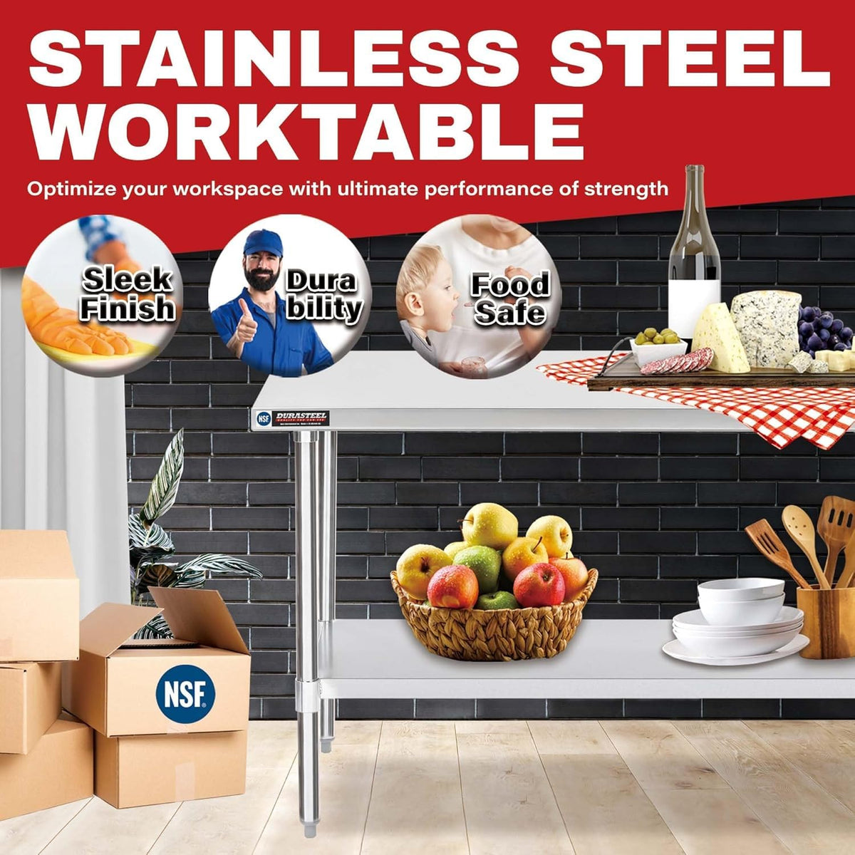 DuraSteel 24x60 Stainless Steel Work Table - NSF Commercial Prep Metal Table - Outdoor Pizza Oven Stand w/Under Shelf - Kitchen Island Laundry Utility Garage Microwave Stand Large Rolling Storage Cart