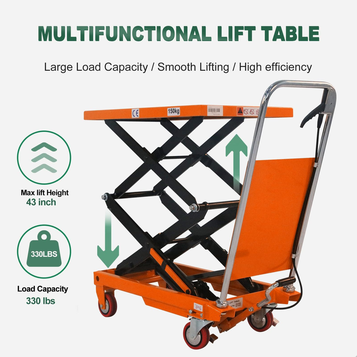 Tory Carrier Double Scissor Lift Table, 330 Lbs Capacity, Hydraulic Lift Cart 43.3" Lifting Height, Manual Scissor Lift Table W/4 Wheels, Foot Pump, Elevating Hydraulic Cart