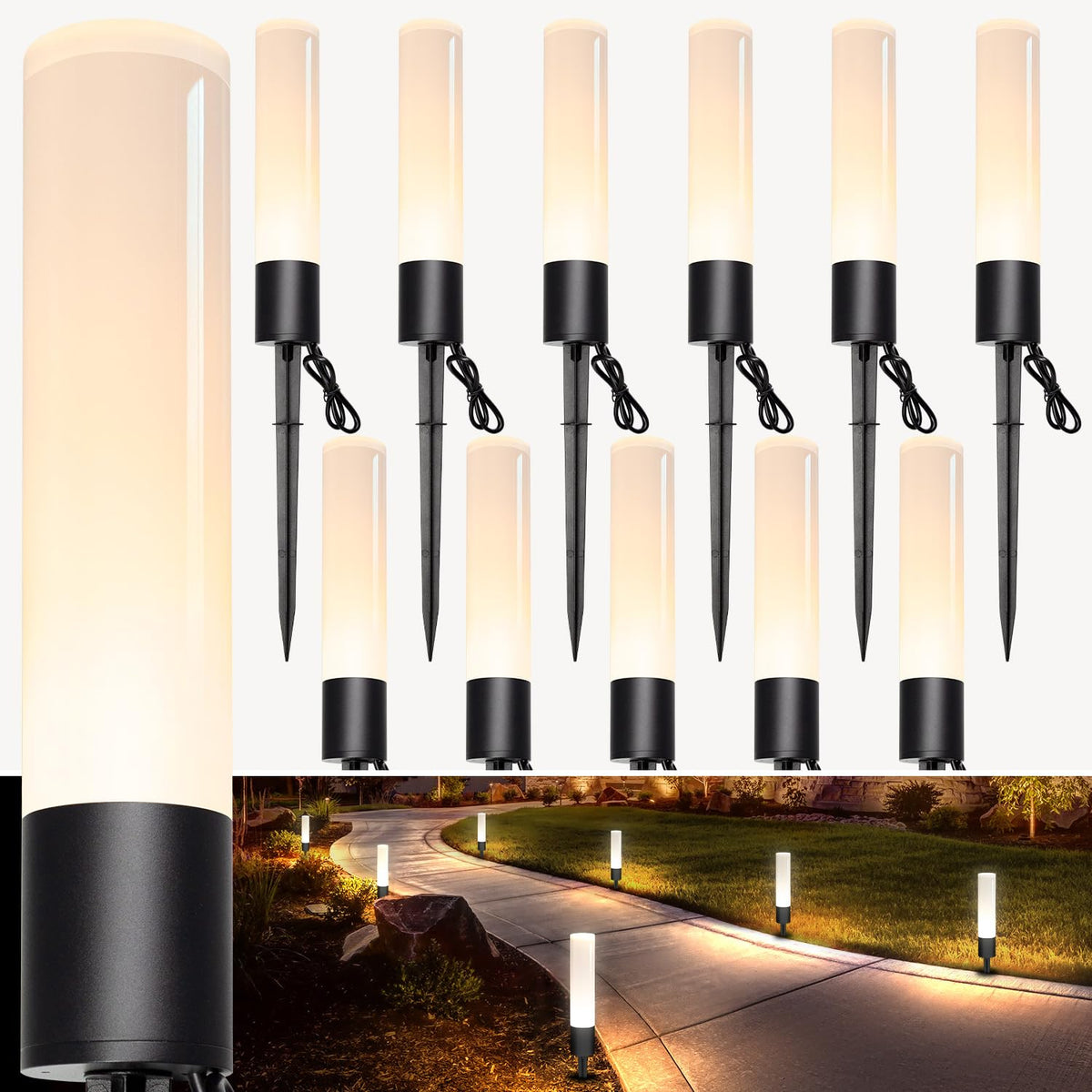 ALYFC 12 Pack Low Voltage Landscape Lighting Pathway Lights, 6W 300LM Landscape Lights 3000K Warm, IP65 Waterproof, Aluminum Outdoor Landscape Path Lights Wired for Walkway Yard Garden