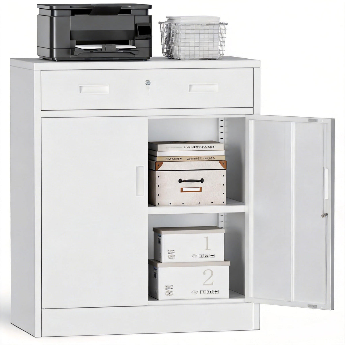TaskStorz Metal Storage Cabinets with Drawer, 36" H Lockable Storage Cabinet with Doors and Adjustable Shelves, Small White Steel File Cabinet for Home, Office, Warehouse, School, Assembly Required