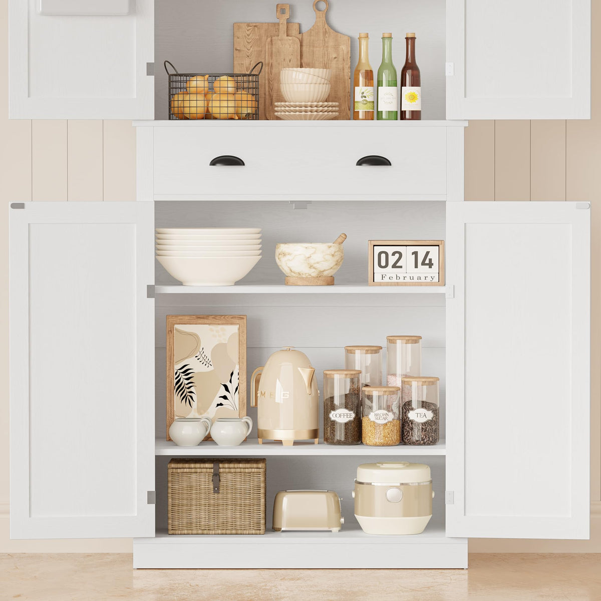 IRONCK Kitchen Pantry Storage Cabinet 83.9" H, with Barn Doors, Drawer, 4 Adjustable Shelves, Freestanding Cupboard for Dining Room Living Room, Laundry, White
