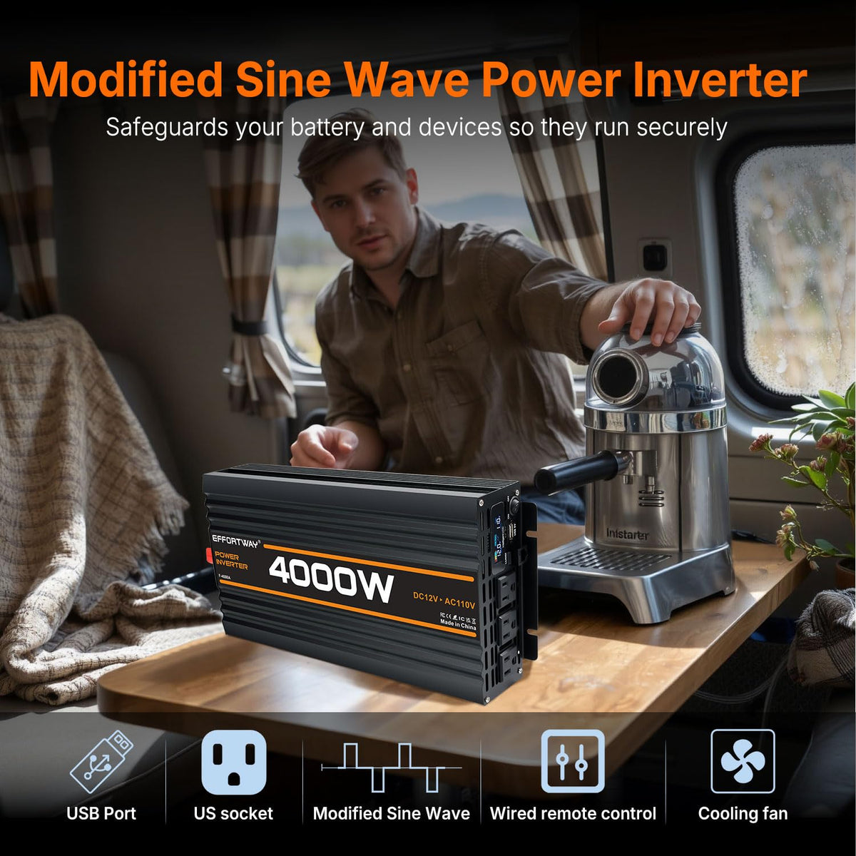 EFFORTWAY 4000W Power Inverter, 12V DC to 110V/120V Modified Sine Wave Inverter with 3 AC Outlets, USB Port, Wired Remote Controller, Car Power Inverter for RV, Truck, Boat, Camping, Off-Grid