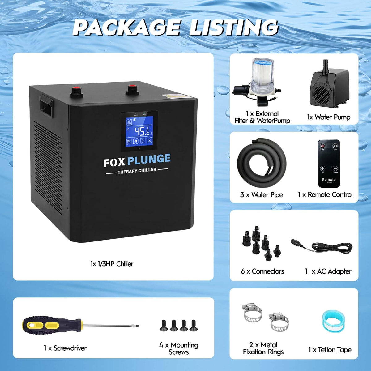 FOXPLUNGE Cold Plunge Chiller 1/2HP - 132 Gallons Water Chiller for Ice Bath Tubs with 2 Water Pumps, Filter & Hose, Remote Control, Quiet Cooling System for Home Muscle Recovery Use