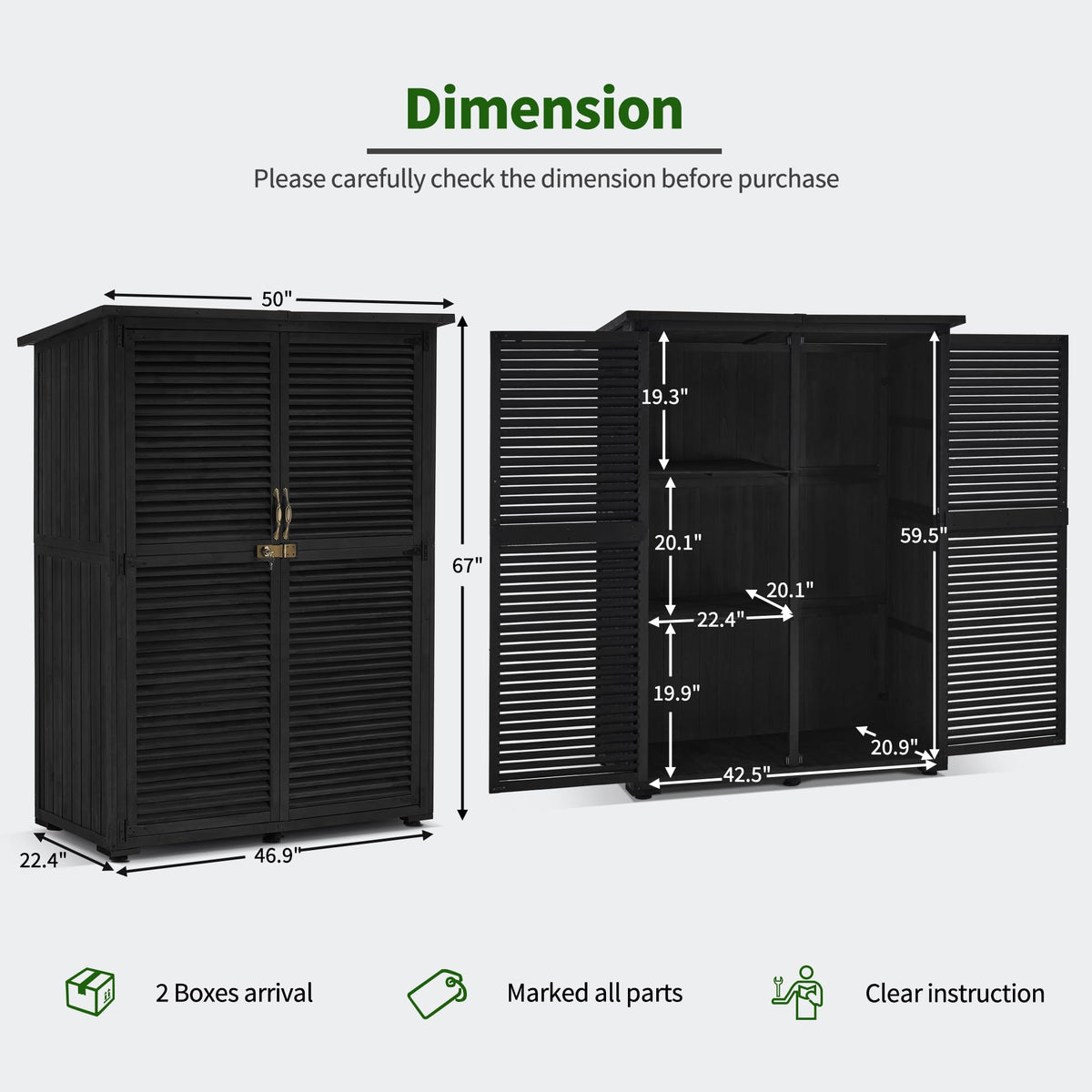 MCombo Outdoor Storage Cabinet, Wooden Storage Shed with Latch, Outside Garden Tool Shed with 2 Doors for Patio Yard Lawn, 1900 (Black, Large)