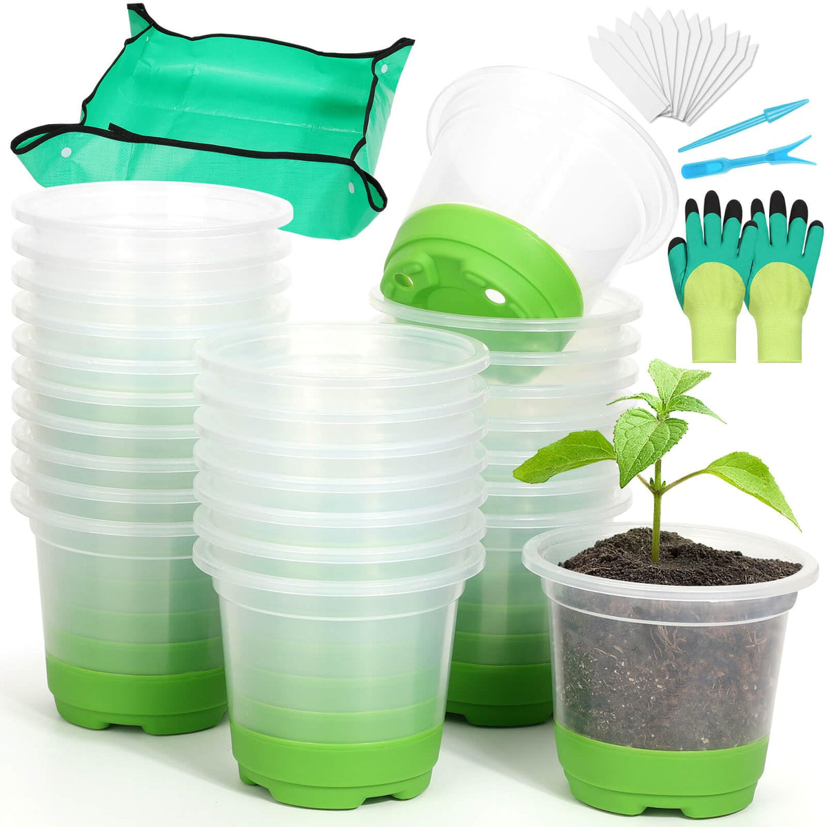 Caffox 57PCS Reusable Seed Starter Kit Includes 26 Packs 4" Clear Nursery Pots with Silicone Base, Repotting Mat, Gardening Gloves, Plant Labels and Seedling Tools for Easy Transplant
