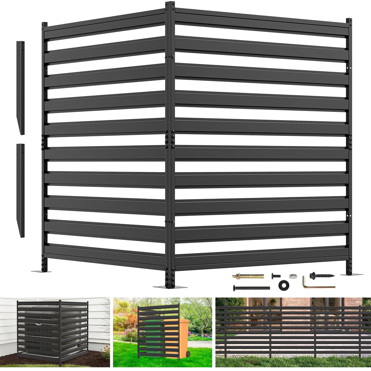 2 Panels 48" W x 48" H Air Conditioner Fences Screen, Metal Privacy Fence for Outside Unit, Pool Equipment Enclosure Trash Can Fence, No Dig Backyard Fencing for Outdoor (Black)