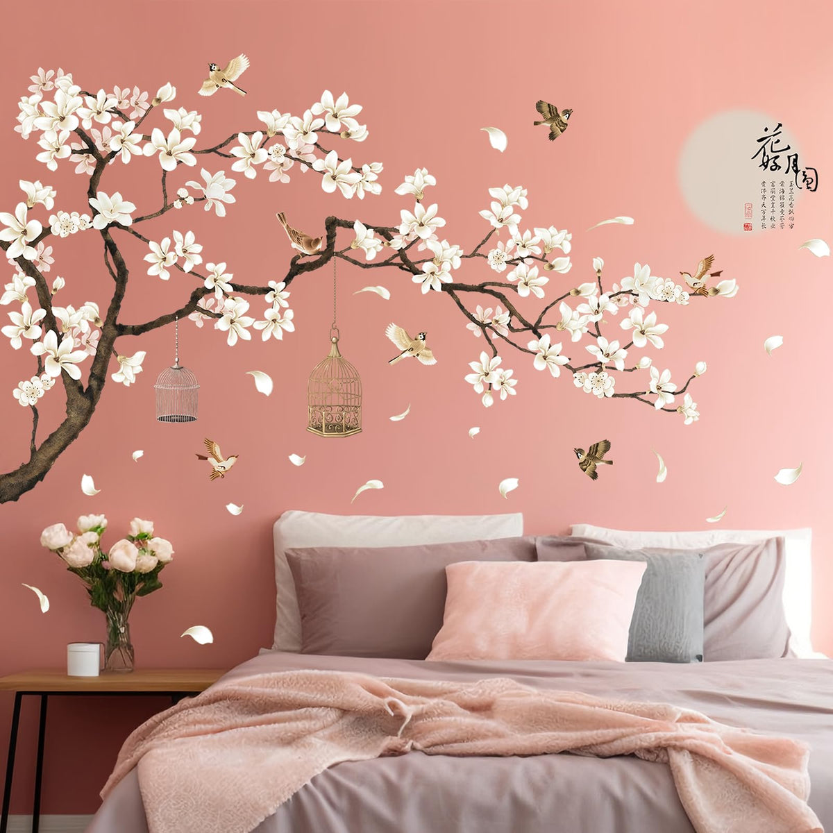 Chinese Style White Flowers Black Tree and Flying Birds Wall Stickers Removable DIY Wall Art Decor Decals Murals for Kids Nursery Offices Home Walls Bedroom Study Room Wall Decaoration, 50inchx74inch