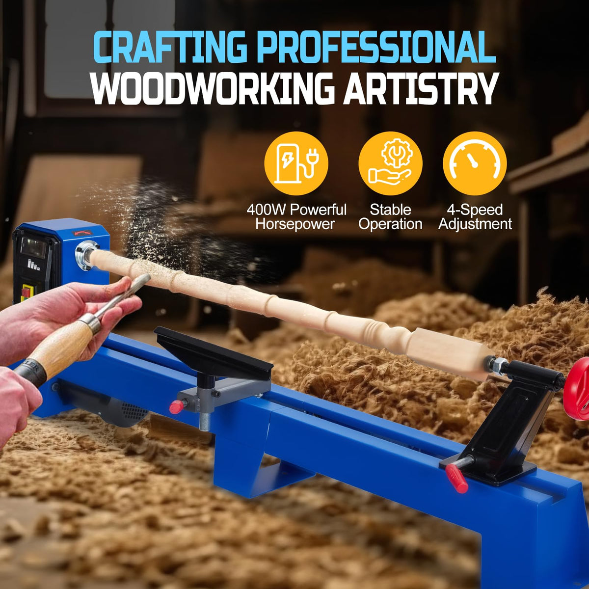 GarveeTech Wood Lathe, 14 in x 40 in, Power Wood Turning Lathe 400W, 4 Speed 1040/1480/2130/2980RPM, Benchtop Wood Lathe for High Speed Sanding and Polishing of Finished Work