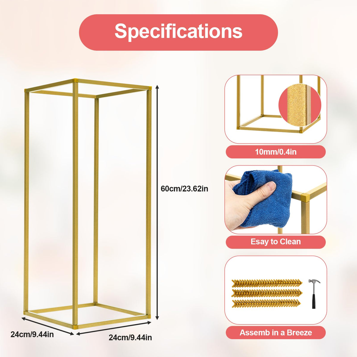 Gdrasuya10 23inch/60cm 10Pcs Gold Flower Stand for Centerpieces,Gold Vase Metal Column Stand,Wedding Flower Stand Tall, Rectangular Frame Flower Stand Geometric Stand for Wedding Party Decoration
