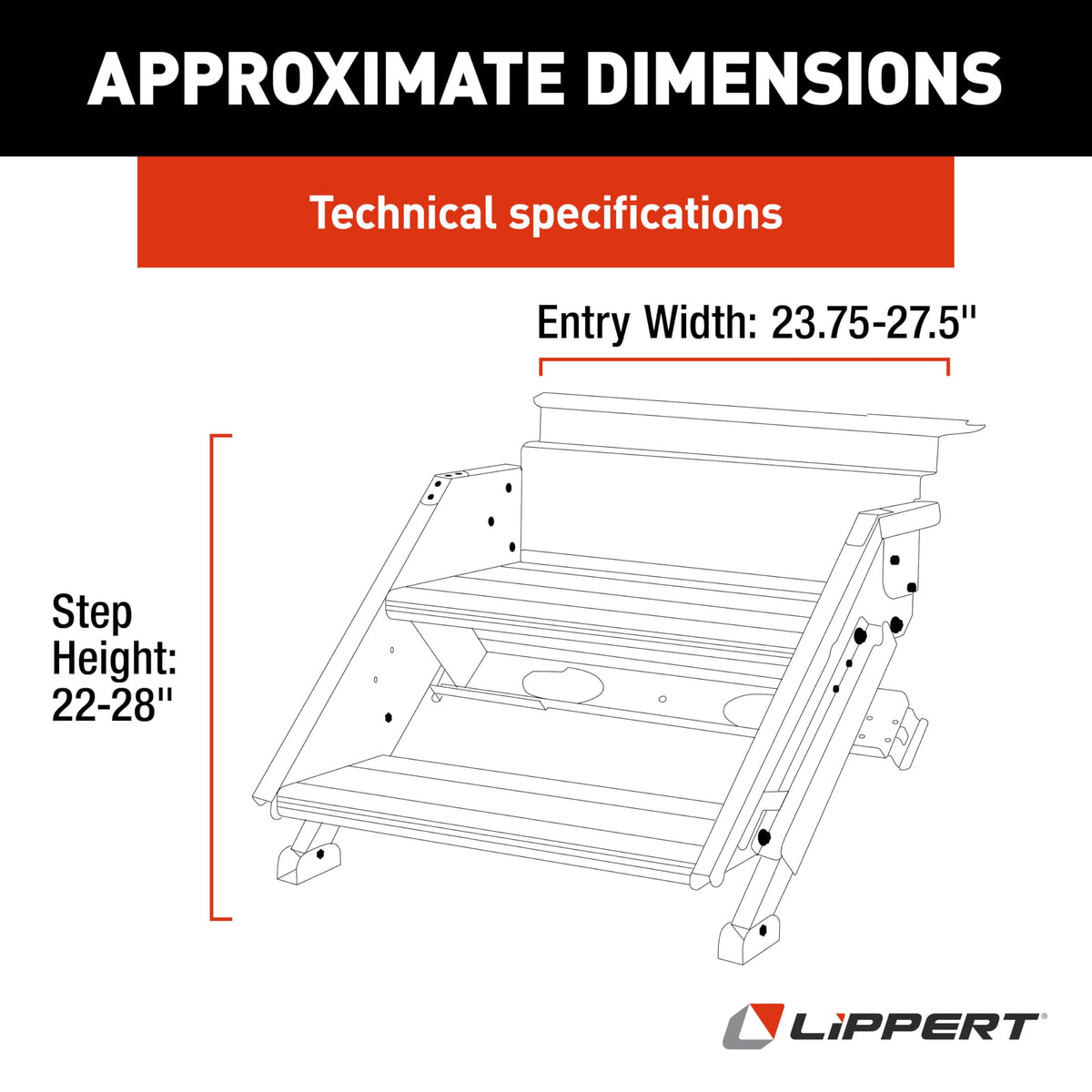 Lippert Solid Step 4.0 Premium Double RV Camper Entry Steps with 26" Step Width, XL Top Tread, 8" Rise, 500-lb. Weight Capacity, Adjustable Legs, Recessed Feet, Foldable Design - 2024056996