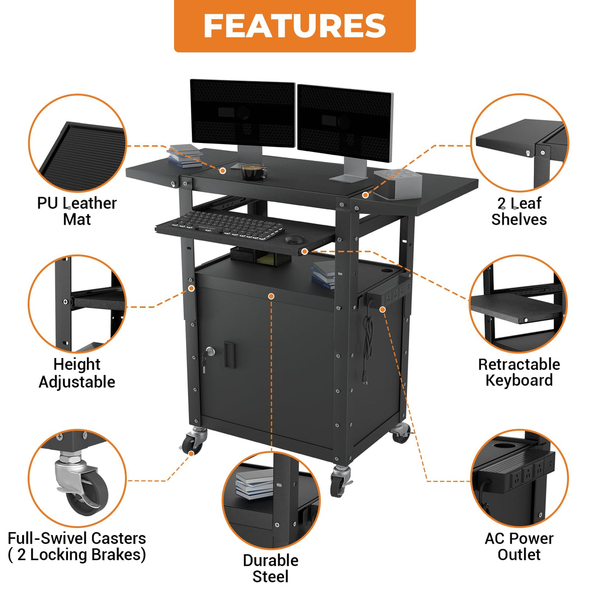 Mobile AV Cart with Pullout Keyboard Tray, Rolling Computer Cart Height Adjustable Rolling Media Utility Cart with Extra Storage Space, 4 Outlets, Perfect for Home or Office Use
