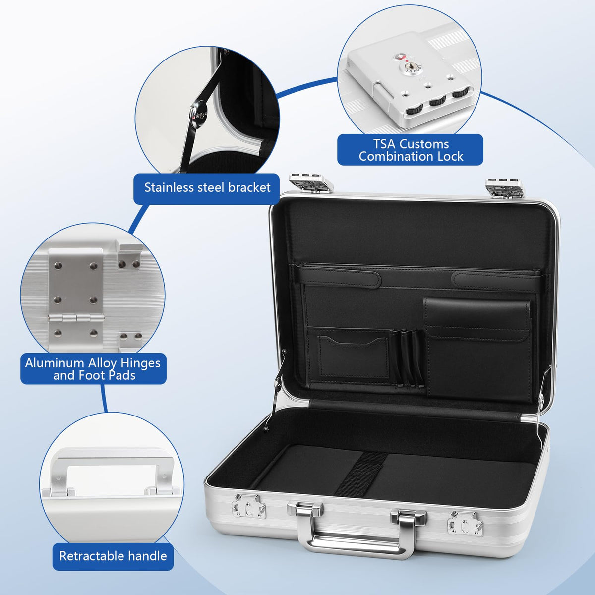 urecimy Metal Briefcase for Men, Locking Aluminum Case, Large Suitcase for Valuables, UAV/Gun Cases, Display Box, Lockbox for Money, with Removable Interior and Sponges (Silver, 18.1X13.8X6.1 Inch)