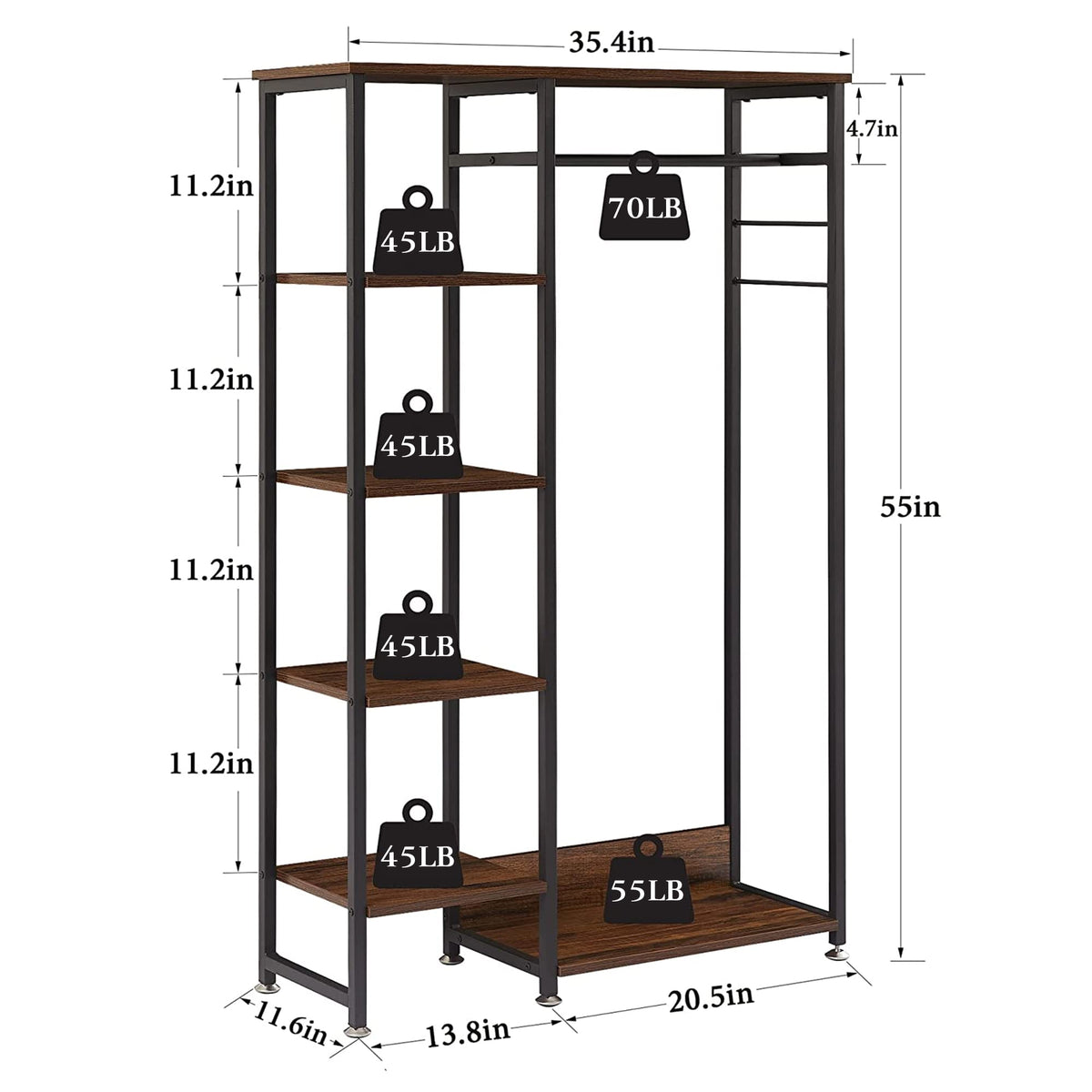 VECELO Open Garment Clothing Rack, Free-Standing Heavy Duty Storage Closet with 5 Shelves and Hanging Rod for Small Spaces, Max Load 350LBS, Brown