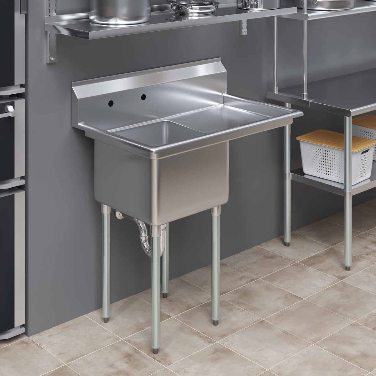 39 in. x 23.5 in. Stainless Steel One Compartment Sink with 18 in. x 18 in. Bowl and 18 in. Right Drainboard. NSF