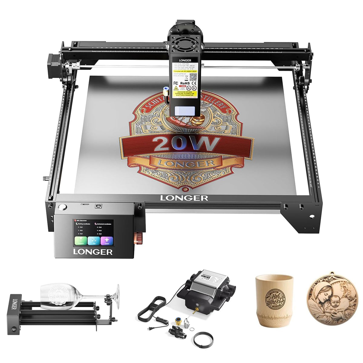 Longer RAY5 New Upgrade Laser Engraver, Laser Cutter 20W Output Power+Air Assist Kit with Air Pump+Rotary Roller with Bracket