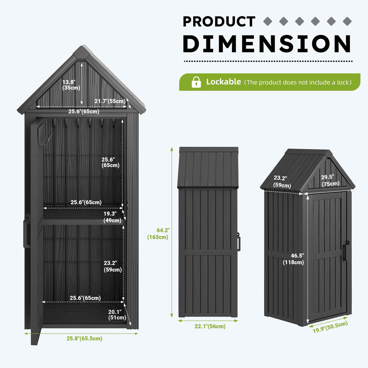WTFGO Vertical Outdoor Storage Shed, Waterproof Resin Outdoor Storage Cabinet with Removable Shelves & 12 Hooks, Lockable Small Tool Shed for Garden, Backyard, Patio, Pool, Black