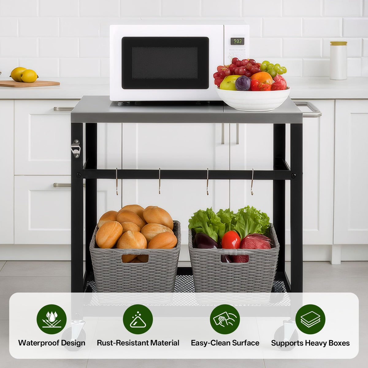 KEIKI 2-Tier Outdoor Grill Cart Table with 4 Wheels, Tool Hooks, Mesh Shelf, Movable BBQ Cooking Prep Table, Pizza Oven Table, Serving Bar Cart for Backyard, Indoor, Outside, Kitchen, Stainless Steel