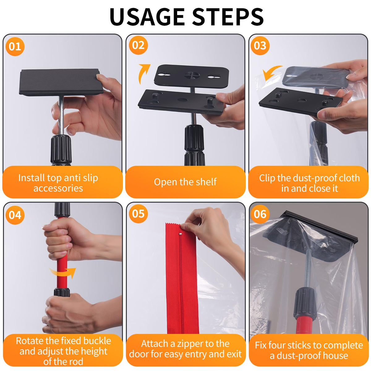 10FT Dust Barrier Poles Kit with Plastic Sheeting (32.8x13.1FT), 2 Heavy-Duty Zippers & Gloves – Telescoping Poles for Temporary Dust Barrier System, Home Renovation & Construction (4PCS)