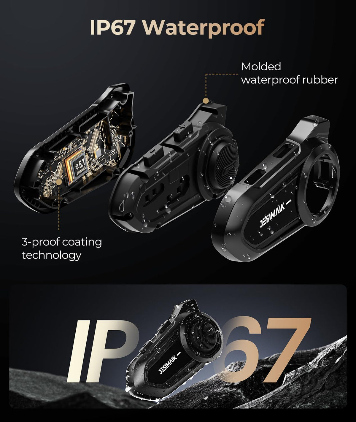 JESIMAIK Motorcycle Bluetooth Headset,2 Way Helmet Intercom Communication System, CVC8.0 Noise Cancellation Motorcycle Intercom with 2 Mics&40mm Speaker,Music Sharing, IP67 Waterproof, FM Radio(2Pack)