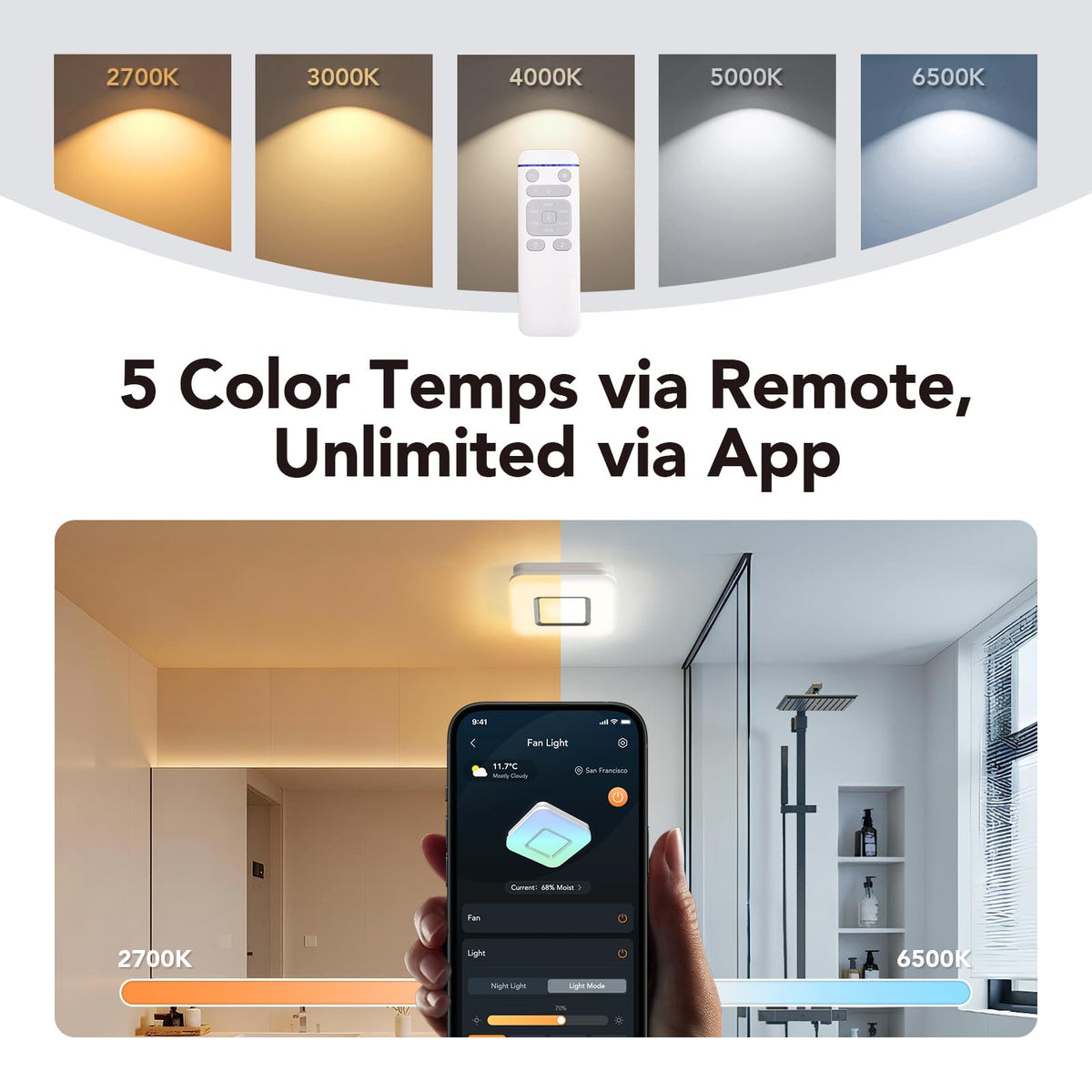 OREiN Matter Smart Bathroom Exhaust Fan with Light (No Speaker), 110 CFM Quiet Bathroom Vent Fan, 2700K–6500K, DIY RGB Lighting, Voice/App/Remote Control, Works with Alexa, Google & Apple Home