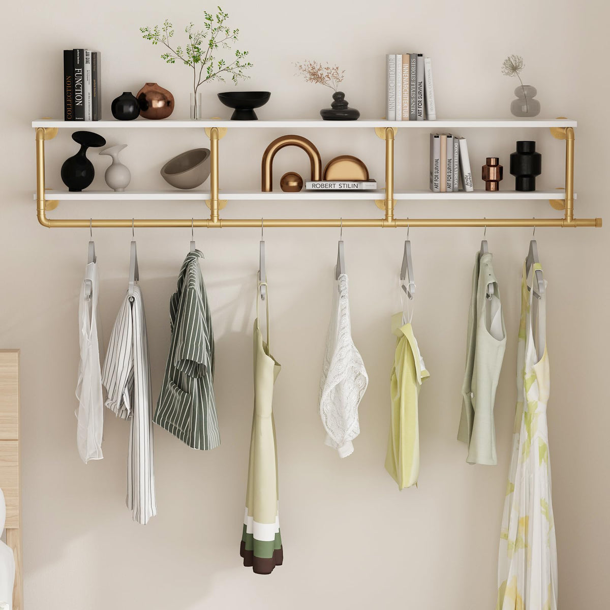 ORSENIGO Industrial Pipe Clothing Rack with Shelves, Gold Wall Mounted Clothes Rack for Home Retail