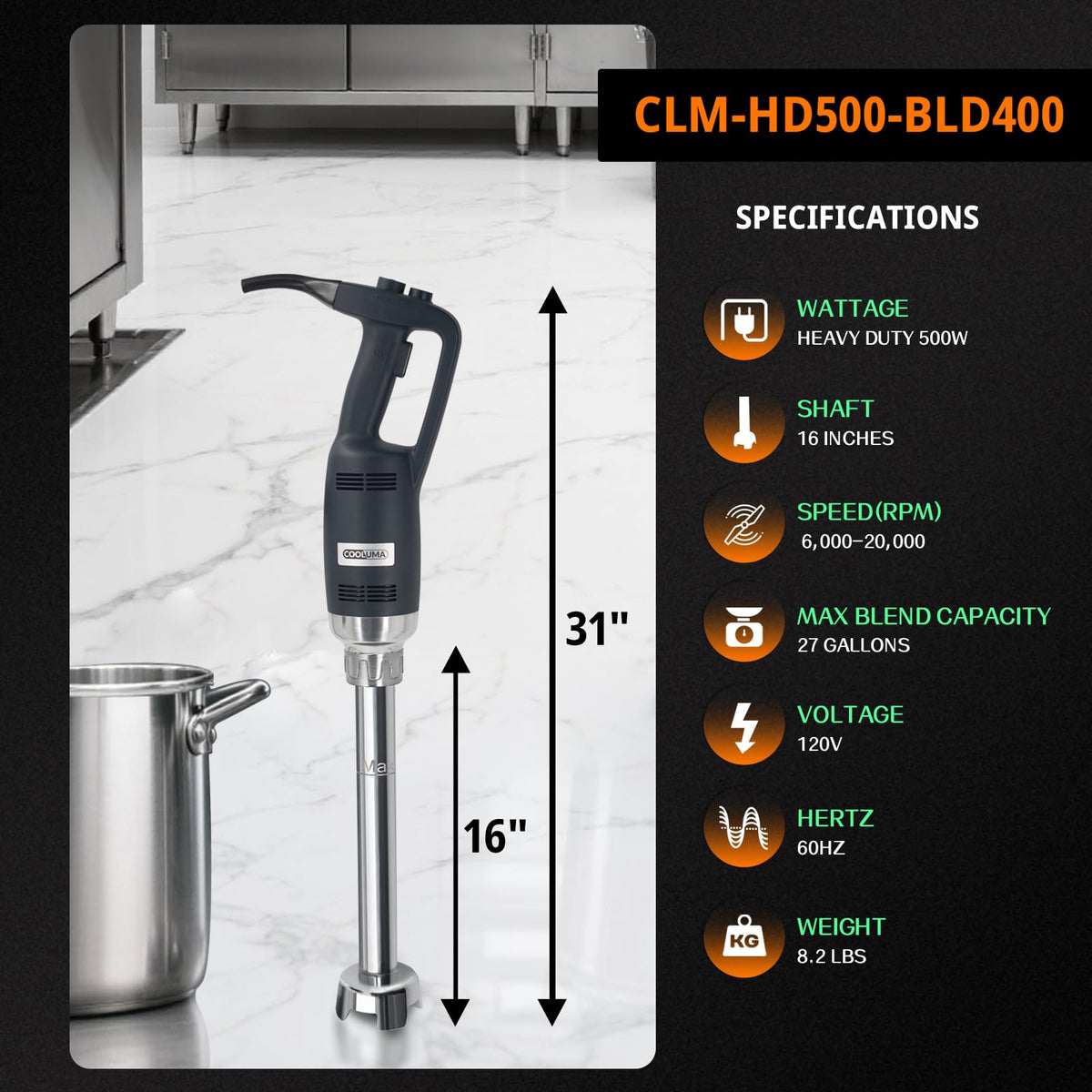 COOLUMA Commercial Immersion Blender, 500W Heavy Huty Hand Blender With 16 Inch Removable Shaft, 6,000-20,000 RPM Variable Speed, Industrial Hand Mixer For Pro Restaurant Kitchen.