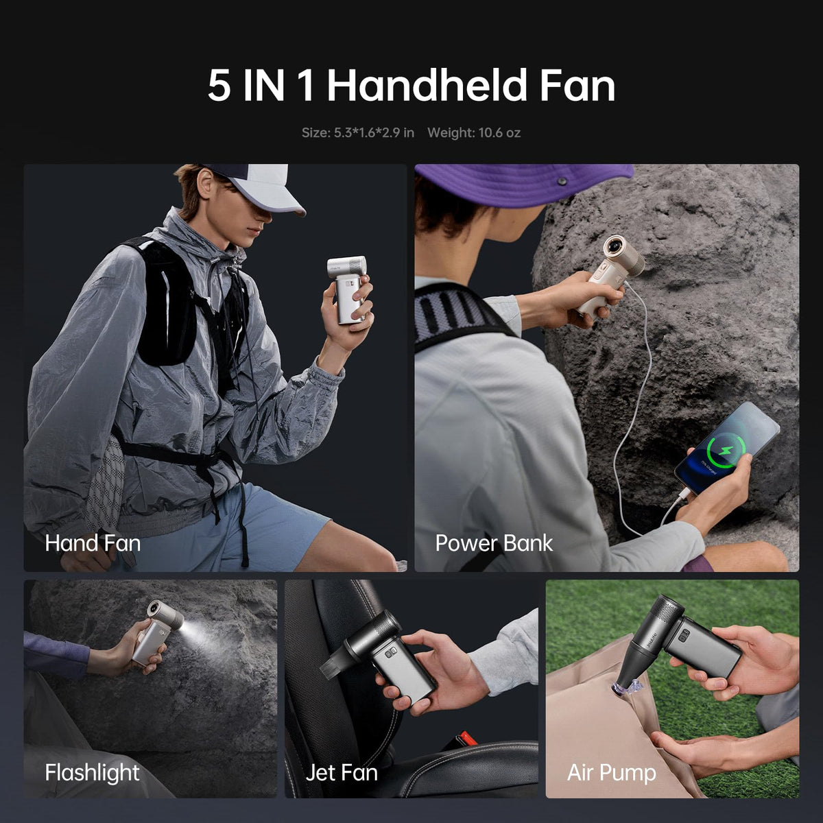 JISULIFE Portable Handheld Fan Ultra2 9000mAh, Max 25 Hrs, 5 IN 1, 100 Speed Turbo Fan, Rechargeable 18W Power Bank with Flashlight, Metal Shell Multi-Function Travel Essentials Gifts for Men-Grey