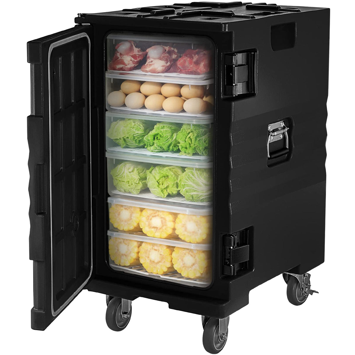 VEVOR Insulated Food Pan Carrier, 127 Qt Hot Box for Catering, LLDPE Food Box Carrier w/Double Buckles, Front Loading Food Warmer w/Handles, End Loader w/Wheels for Restaurant, Canteen, etc. Black