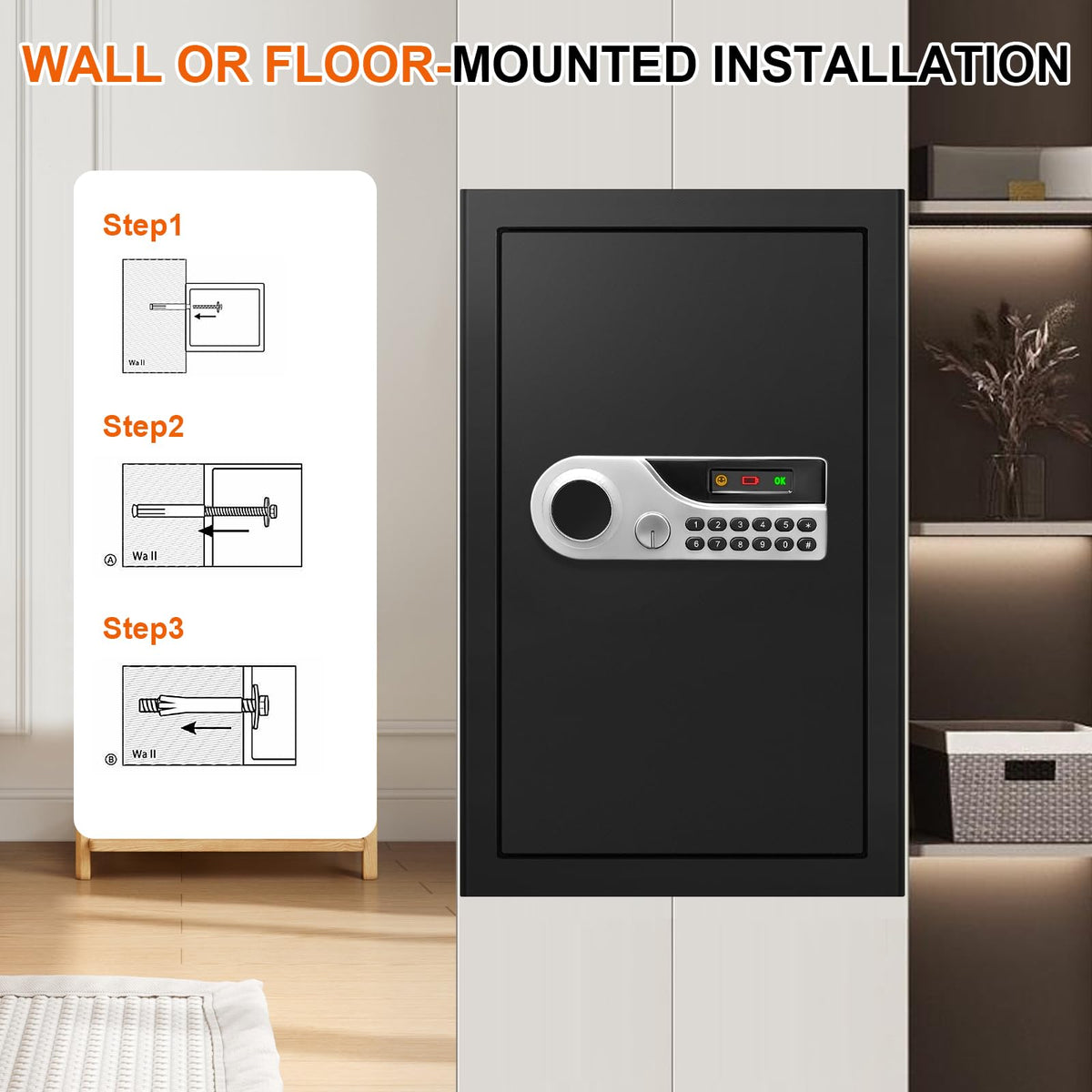 5.2 Cuft Large Fire Safes for Home, Security Safe Box Fireproof Waterproof with Digital Keypad, Key Lock and 3 Removable Shelves, Anti-Theft Fireproof Safe for Document Money Valuables