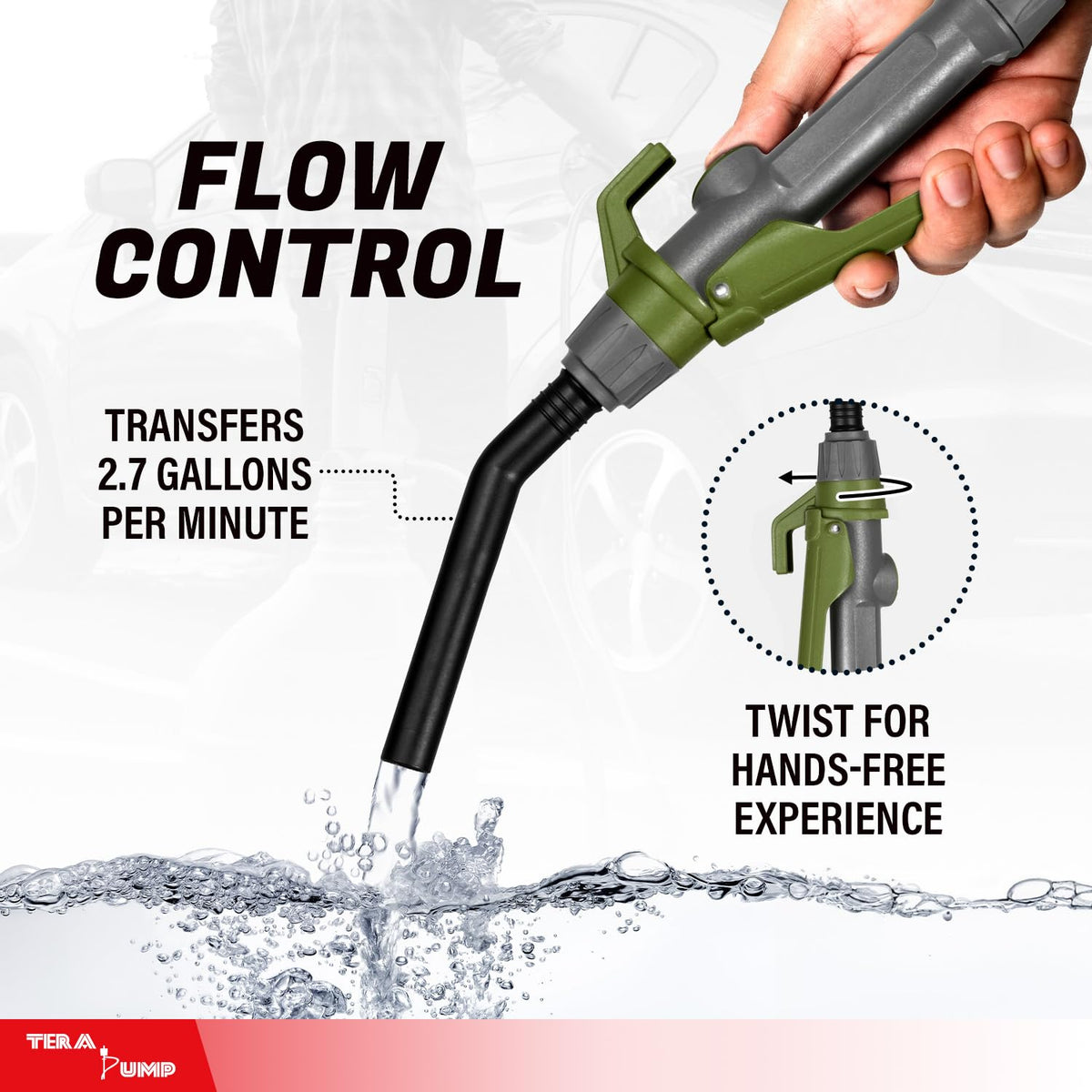 TERA PUMP Fuel Transfer Pump w/Quick Flow Control Nozzle & Telescopic Tube & Powerful Rechargeable Battery, 10FT Discharge Hose, Multipurpose Portable Battery Pump For Gas, Diesel, Water (2.7 GPM)