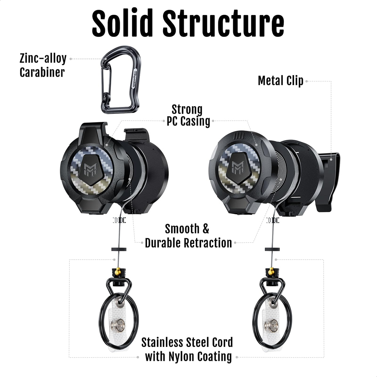 MNGARISTA Upgraded Heavy Duty Retractable Keychain, Belt Clip Ver. & Carabiner Ver., 10 oz Retraction, 31.5" Stainless Steel Cable, 3K Carbon Fiber Tactical ID Badge Reel Key Chain Retractor, 2 Pack