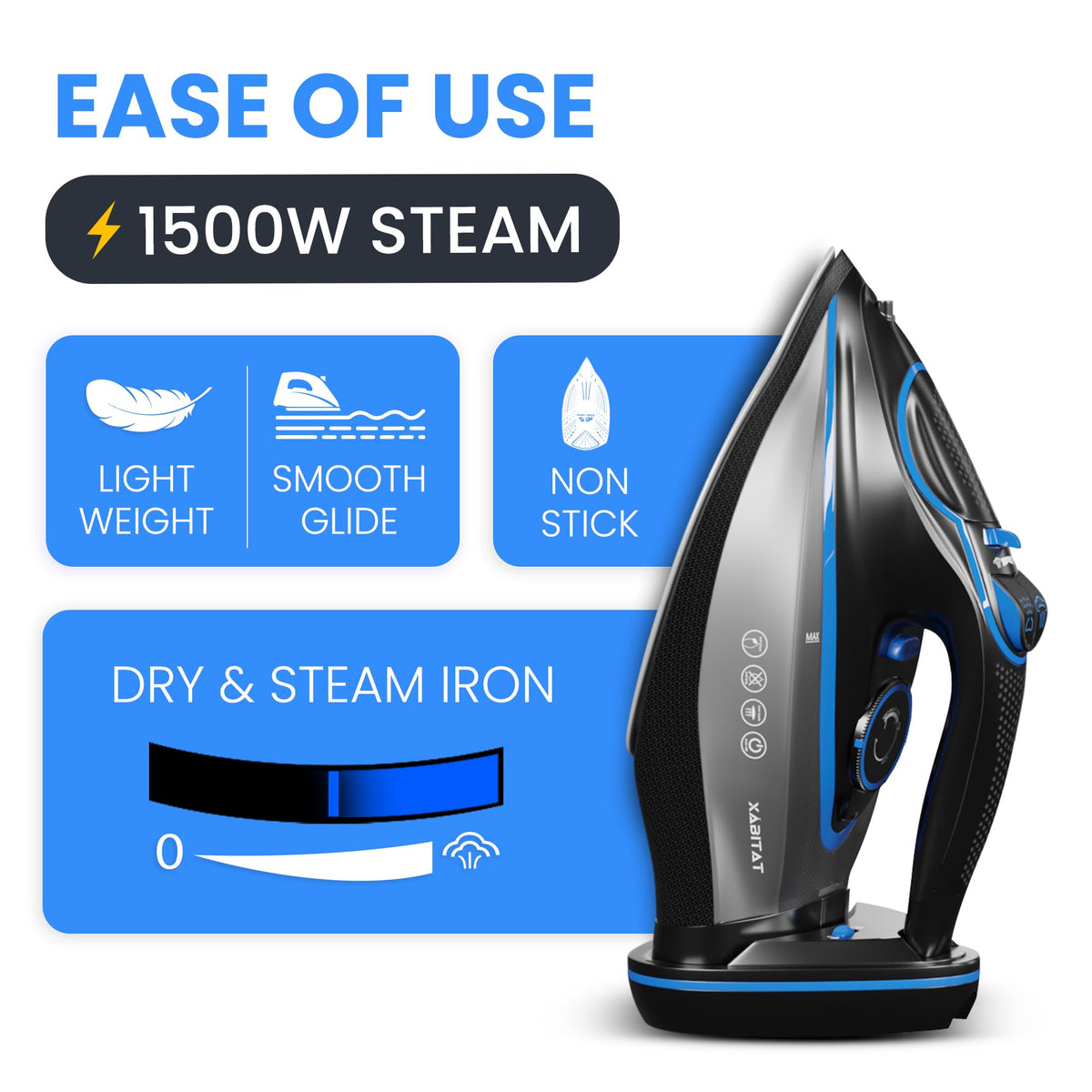 Xabitat Luxury Cordless Iron | 1500W Steam Iron | Anti Drip | Thermal Protection Technology | Nonstick Ceramic Soleplate | 2-in-1 Cord/Cordless (Black + Blue)