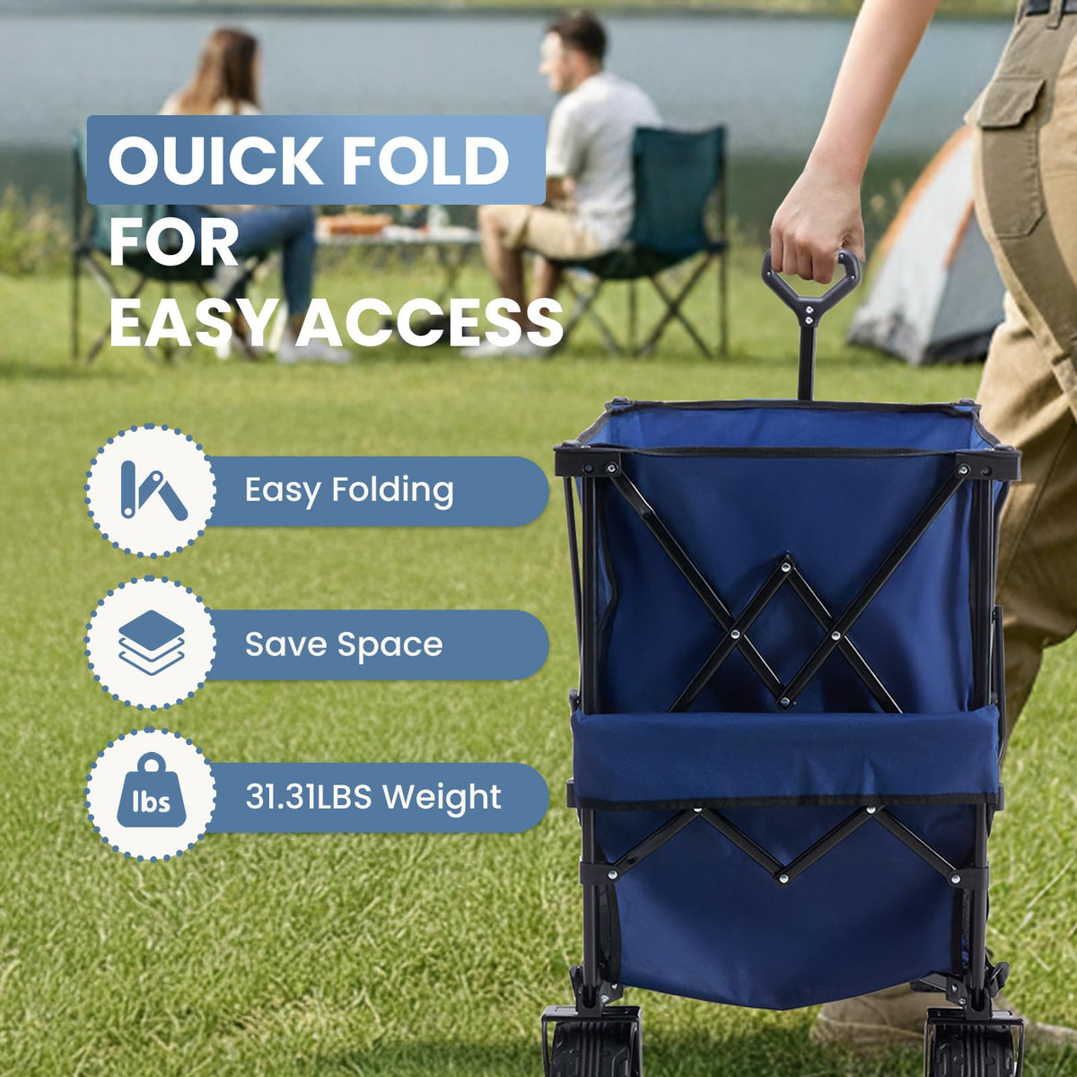 DUMOS 440LBS Heavy Duty Double Decker Wagon Cart with Extender, 400L Large Capacity Collapsible Folding Wagons with Brakes, Adjust Handle, All-Terrain Big Wheels for Garden Shopping Camping - Blue
