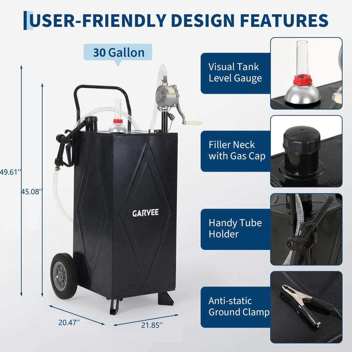 30 Gallon Fuel Gas Caddy Storage Tank, Portable Gas Caddy w/ Wheels, Reversible Manual Hand Pump & Fuel Hose, Anti-Static Grounding Clamp, Vent/Level Gauge, Wide Fill Neck, Gasoline/Diesel Transfer for ATV, Car, Mower, Tractor, Boat