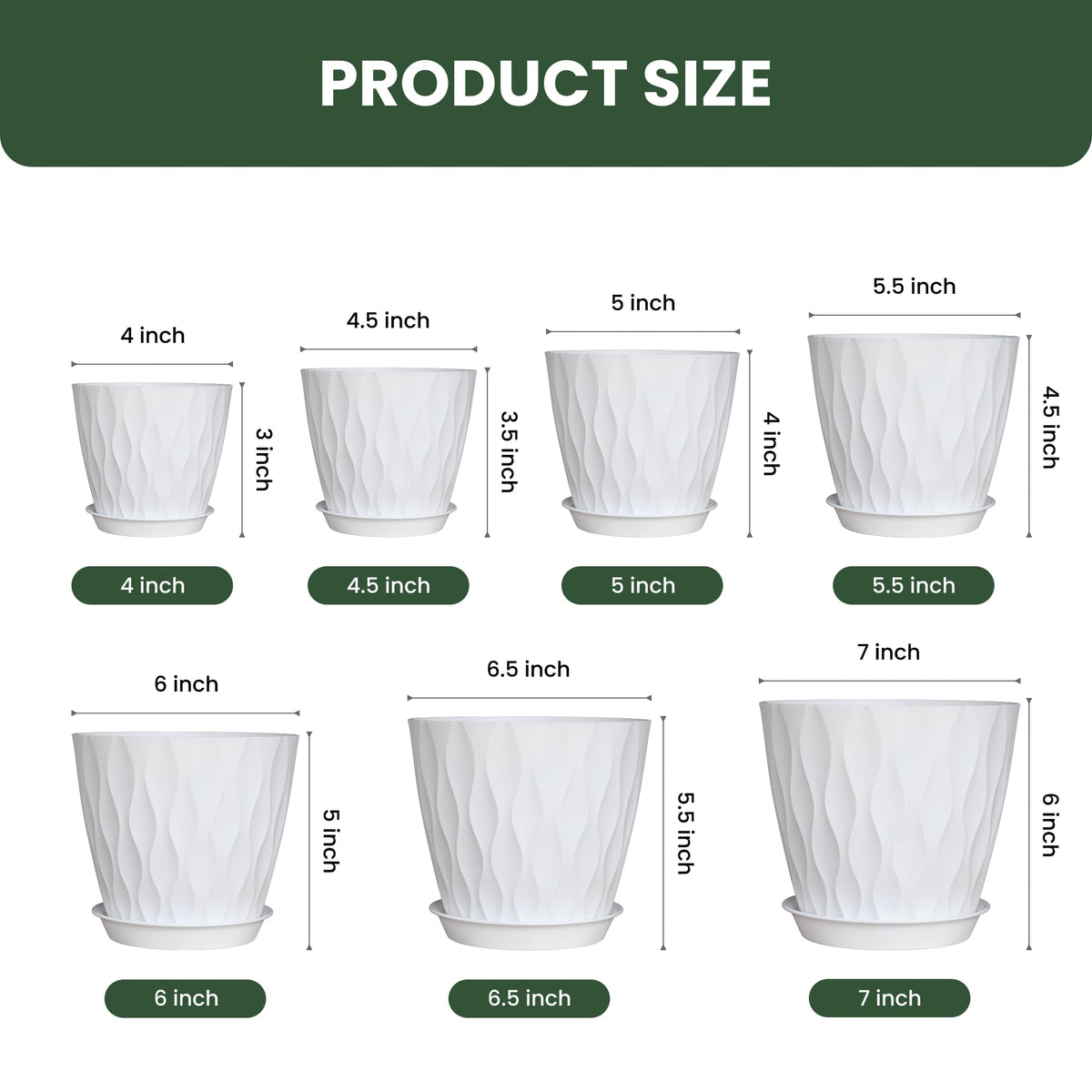 LESOASIS Flower Pots, 7/6.5/6/5.5/5/4.5/4 inch Plastic Plant Pots, 7 Pack Planter for Indoor Outdoor Plants, Nursery Planting Pot with Drainage Holes and Trays (White)