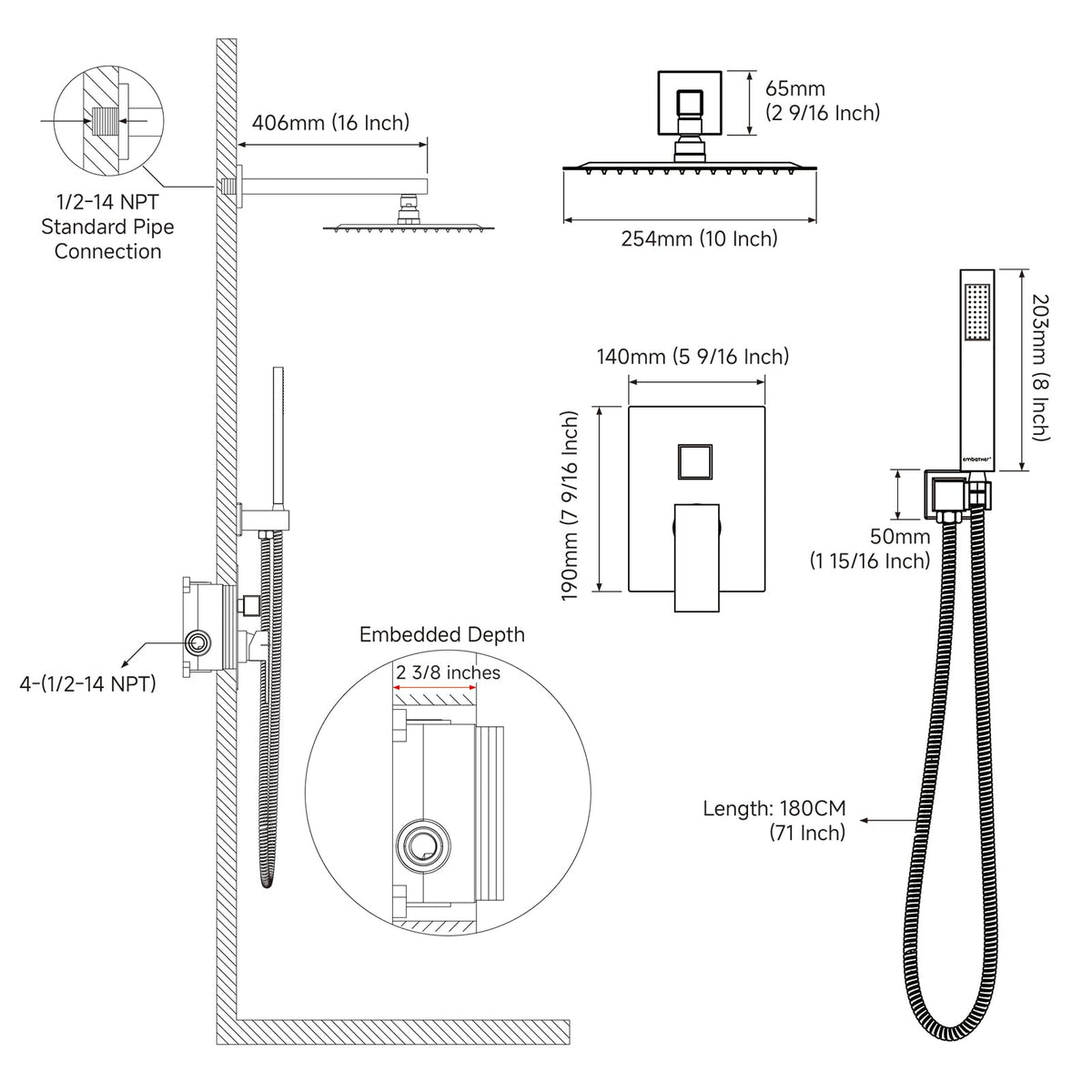 Black Shower System Sets Faucet: EMBATHER 10 Inch Overhead Rainhead Shower Combo Set with Handheld and Valve-Luxury Rain Mixer Rainfall Black Shower Faucets Sets Complete