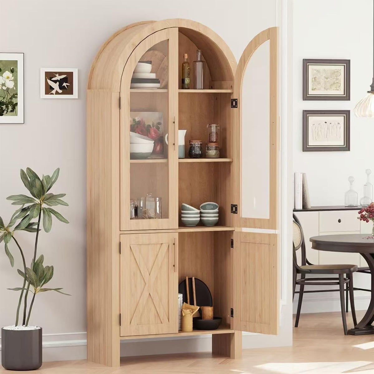 Patikuin 60'' Arched Kitchen Pantry, 4-Tier Arch Cabinet with Doors, Modern Wood Kitchens Storage Cabinets with Adjustable Shelves, Wooden Storage Cabinet for Living Room & Dining Room