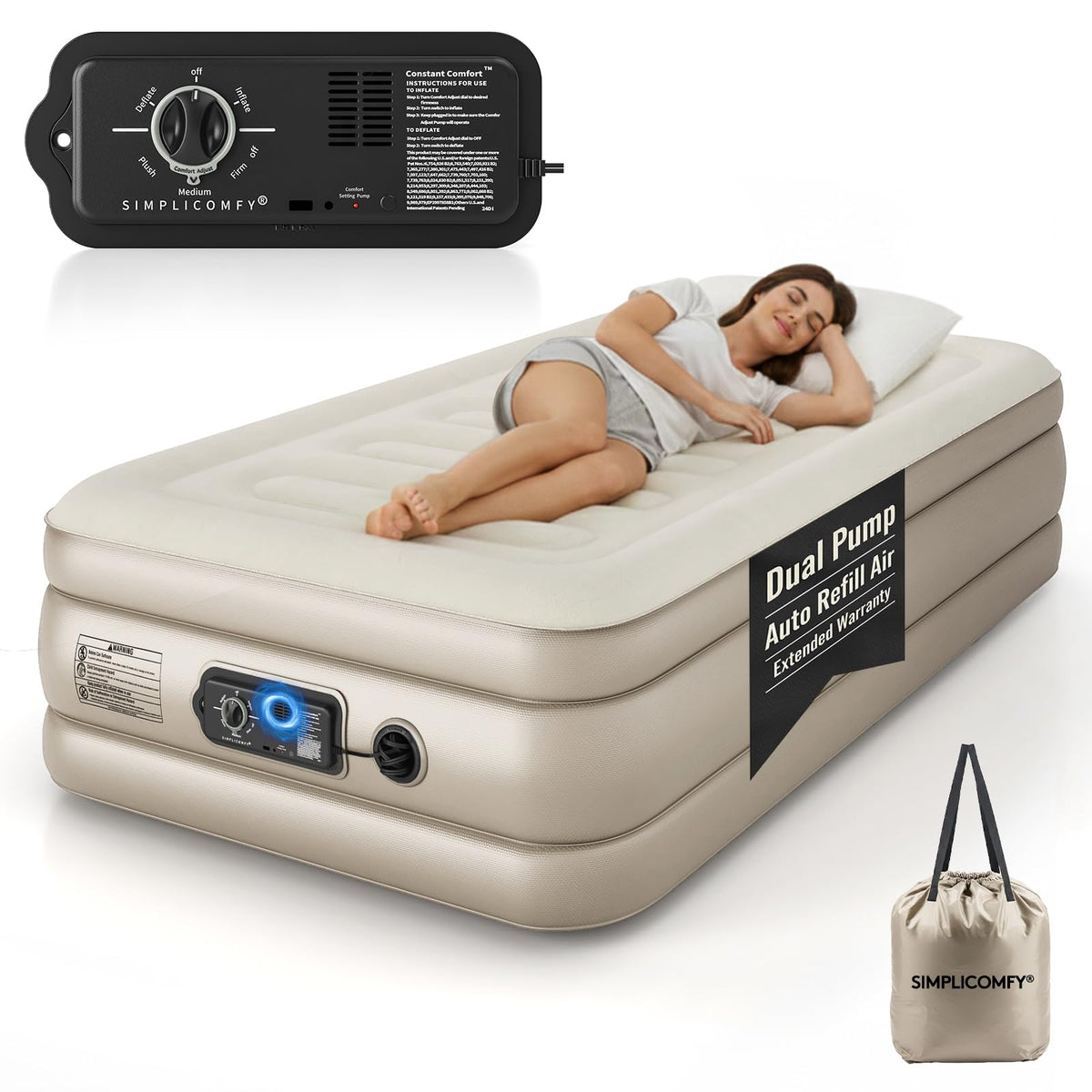Simpli Comfy Twin Air Mattress with Built-in Patented Constant Comfort Dual Pump, 18" Raised Blow-up Colchon Inflable Mattress, Three Adjustable Firmness Settings, Self-monitoring Air Retention System