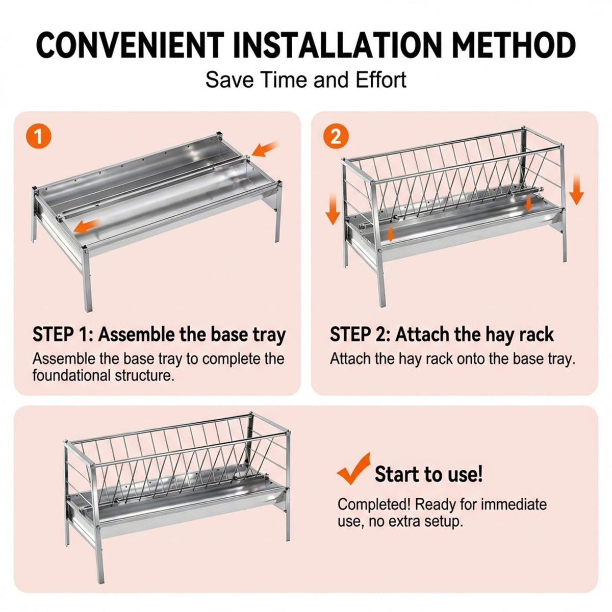 3 in 1 Grain|Water|Hay Feeder, 94-Gallon Capacity|8.0'' Deeper Feeding Pan, Stainless Steel Goat Hay Feeder, 63" Long Livestock Hay Rack for Goats, Sheep, Cow, Horse