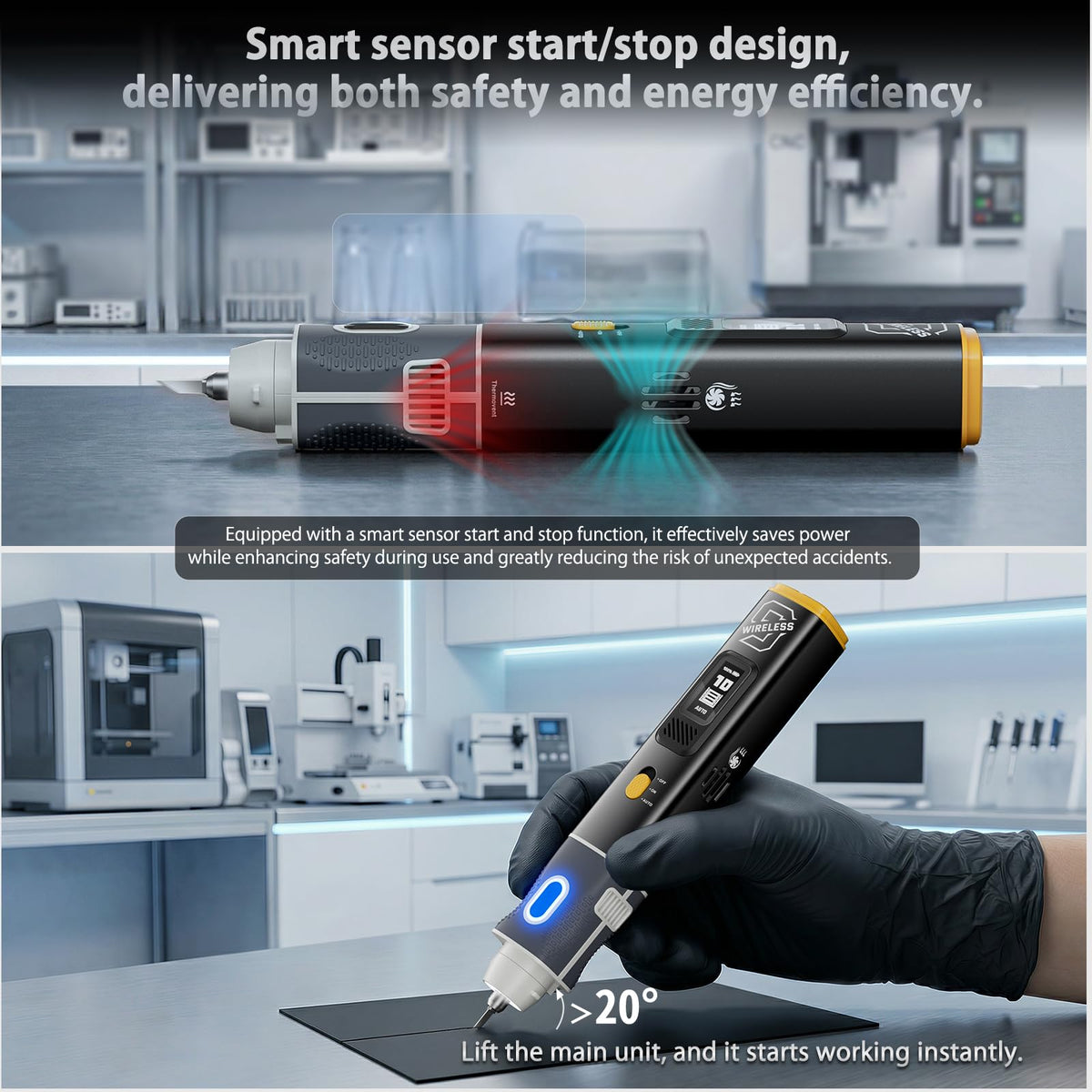 2-in-1 wireless ultrasonic cutter, 40kHz, 30W high power, 1000mAh battery, with AC adapter and USB cable. Features cooling system, smart start-stop and LCD display, can cut a variety of materials.