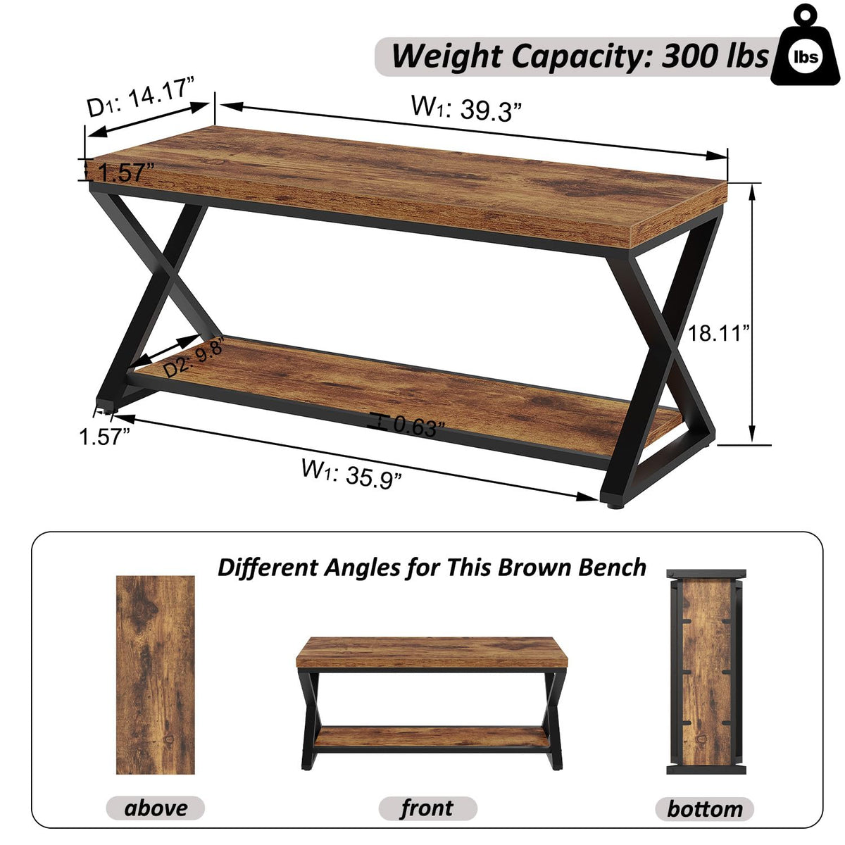 IBF Wooden Bench Indoor, Wood Entry Way Bench with Shoe Storage Rack for Entryway, Industrial Entryway Bench Seat for Foyer Bedroom Living Room Entrance Organization, Rustic Brown Oak, 39 Inch Long