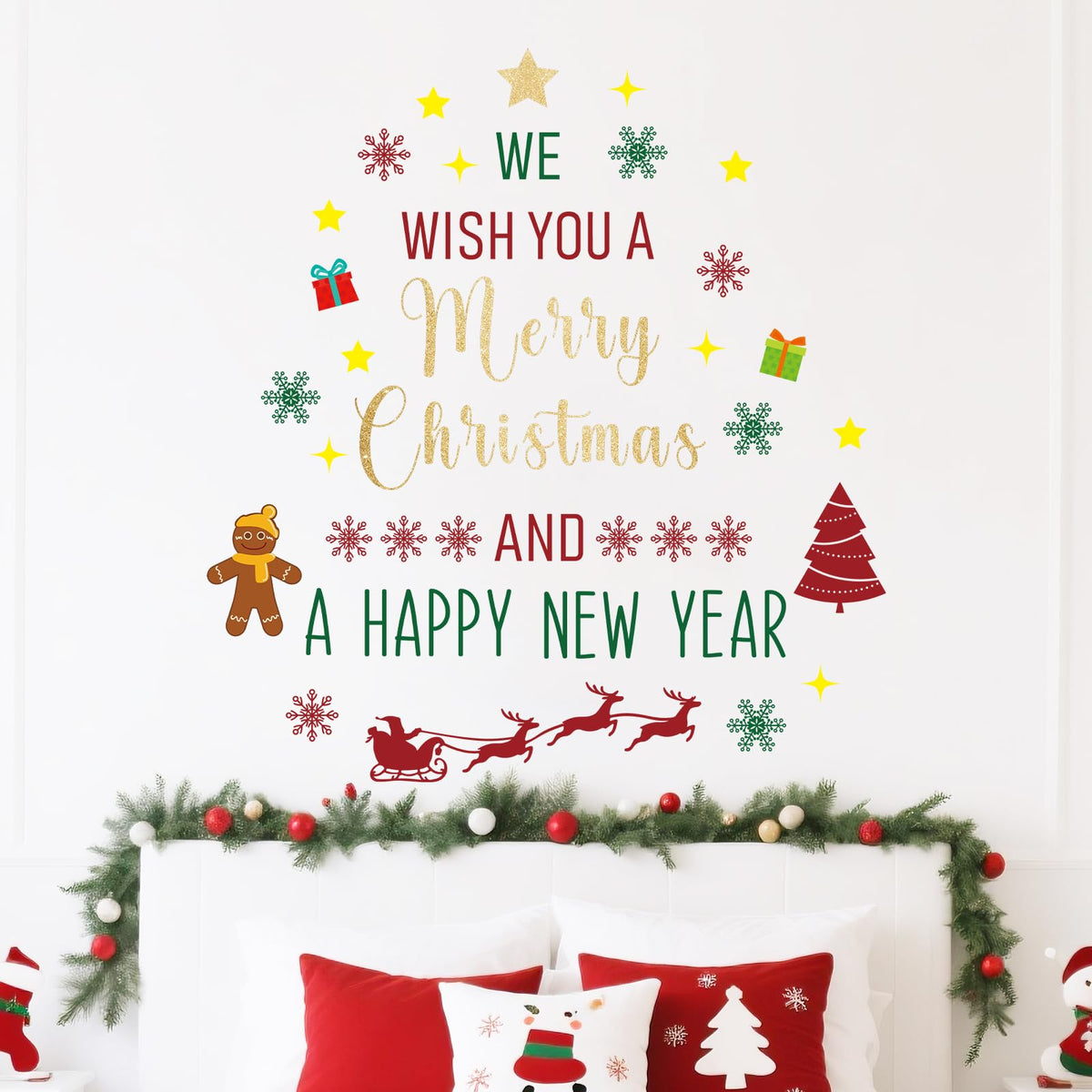 Rotumaty Christmas Wall Decals Stickers Decor Glitter Merry Christmas Tree Happy New Year Quote Decorations Holiday Seasonal Wall Art Decor for Home Office Classroom Party Ornaments